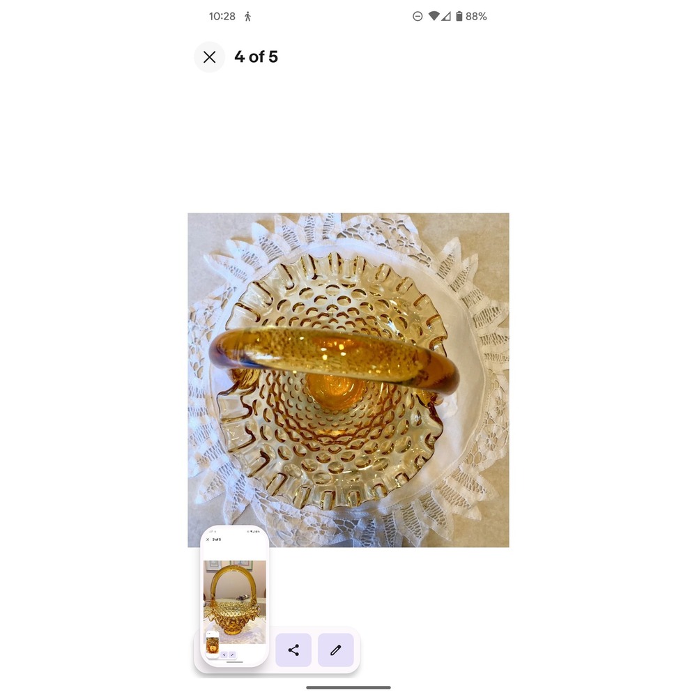 VINTAGE, FENTON GOLDEN AMBER HOBNAIL RUFFLED ART GLASS, BRIDAL BASKET